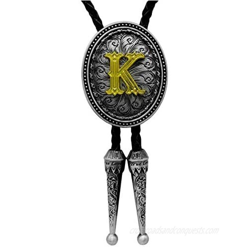 Moranse Bolo Tie Silver Initial Letter A to Z In Western Cowboy Oval Medal Style with Cowhide Rope Necktie