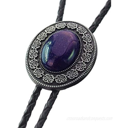 Moranse Bolo Tie with Round Flower And Gem Stone Parterre Style Genuine and Cowhide Rope