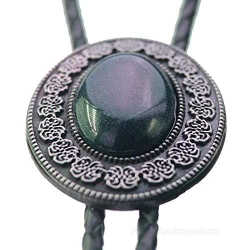 Moranse Bolo Tie with Round Flower And Gem Stone Parterre Style Genuine and Cowhide Rope