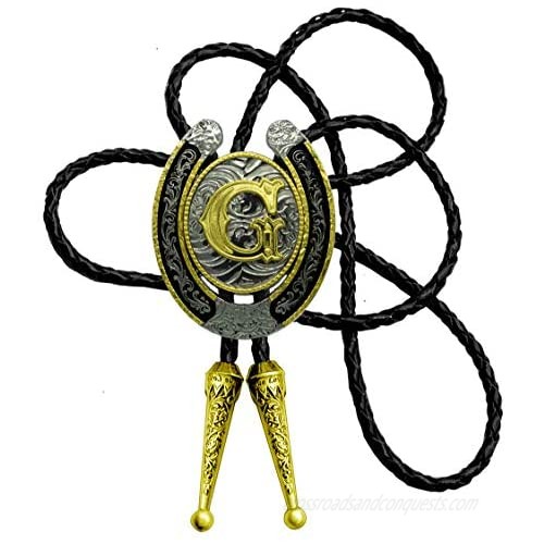 Moranse Upgrate Bolo Tie Golden Initial Letter A to Z In Western Cowboy Horseshoe Style with Cowhide Rope Necktie