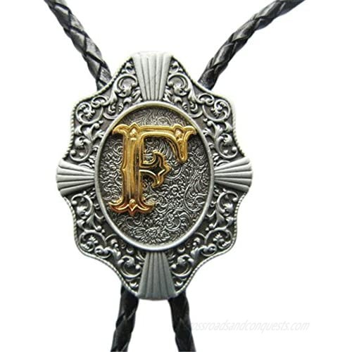 RIDE AWAY Initial Letter Bolo Tie Western Style Cowboy Antique Silver A to Z Gold Letter