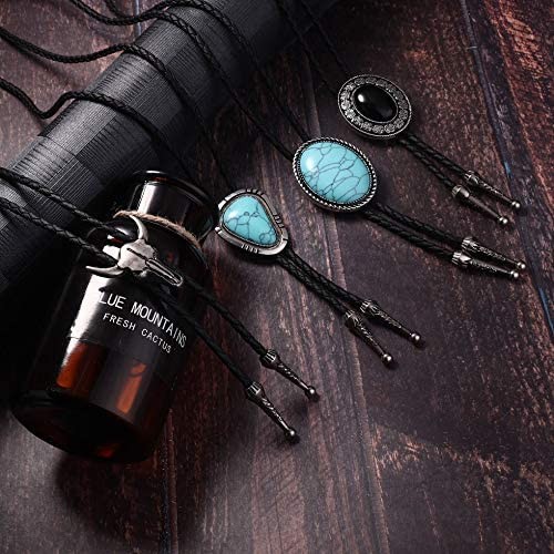 SAILIMUE 4 Pcs Leather Bolo Tie Turquoise Handmade Round Shape Western Cowboy Native American Bola Tie for Men Women Black
