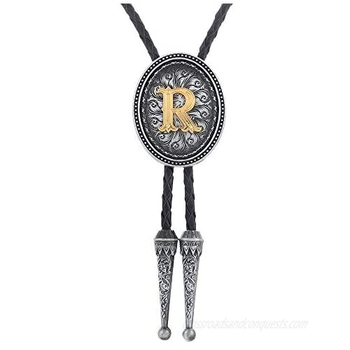 Vintage Initial A to Z Cowboy Black Bolo Tie Carveing Flower with Cowhide Rope，Oval