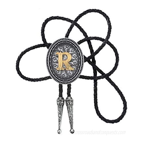 Vintage Initial A to Z Cowboy Black Bolo Tie Carveing Flower with Cowhide Rope，Oval