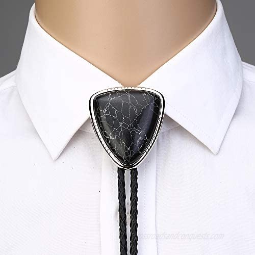 Vintage White Crack Triangle Bolo Tie for Men with Silver Bolo Tie Tips