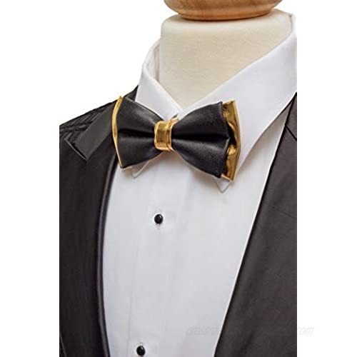 47IVYWOOD Premium Pre-Tied Leather Black Gold Bow Tie for Men Women Boys Girls (Black and Gold Leather)