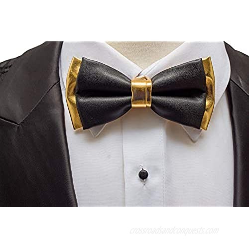 47IVYWOOD Premium Pre-Tied Leather Black Gold Bow Tie for Men Women Boys Girls (Black and Gold Leather)