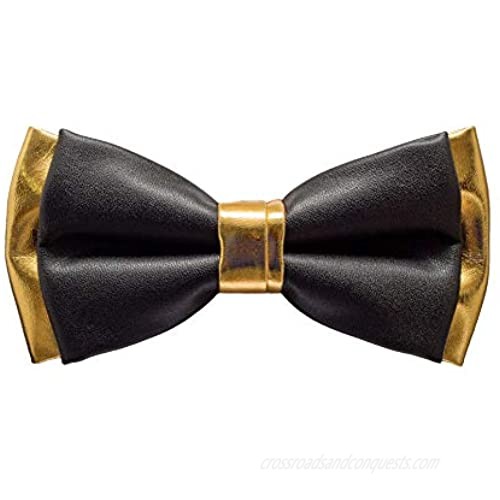 47IVYWOOD Premium Pre-Tied Leather Black Gold Bow Tie for Men  Women  Boys  Girls (Black and Gold Leather)