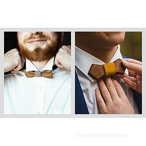 Classic Handmade Mens Wood Bow Tie with Matching Pocket Square and Men's Cufflinks Set