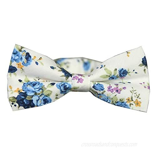 D&L Menswear Men's Pre-Tied White Blue Floral Bow Tie Adjustable Neck Wedding Party Bowtie
