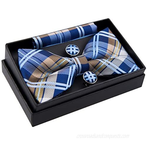 Elegant Tartan Plaid Check Woven Pre-tied Bow Tie (5) w/Pocket Square & Cufflinks Gift Set