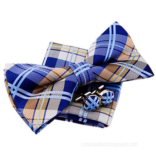 Elegant Tartan Plaid Check Woven Pre-tied Bow Tie (5") w/Pocket Square & Cufflinks Gift Set
