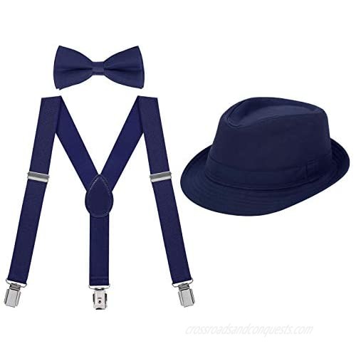 HDE Kids Adjustable Suspenders Boys Pre-Tied Bow Tie and Short Brim Fedora Hat