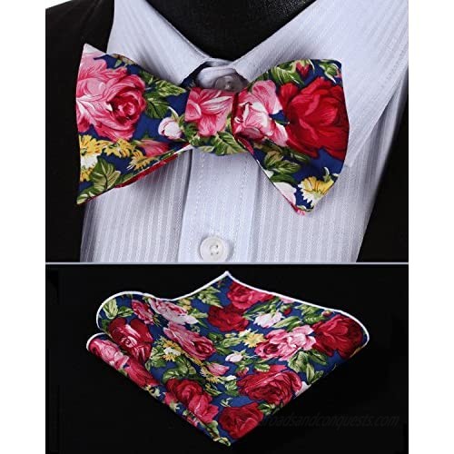 HISDERN Mens Floral Print Bowtie Rose Pattern Self Bow Tie Handkerchief Pocket Square Set for Wedding Party Prom