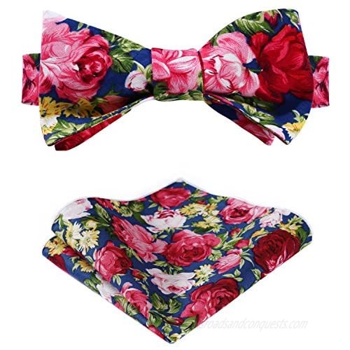 HISDERN Mens Floral Print Bowtie Rose Pattern Self Bow Tie Handkerchief Pocket Square Set for Wedding Party Prom