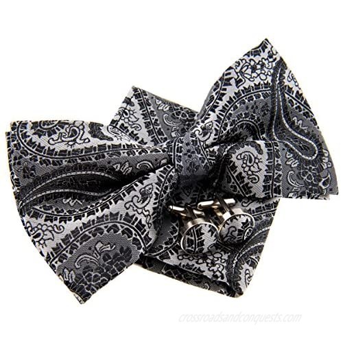 Paisley Art Pattern Woven Pre-tied Bow Tie (5") w/Pocket Square & Cufflinks Gift Set
