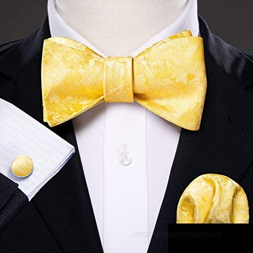 YOHOWA Designer Men/Boys Self Bow Tie and Pocket Square Cufflinks Set for Wedding Party Tuxedo Box
