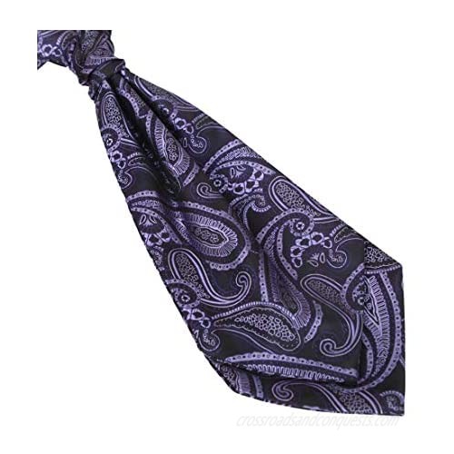 Cravat Tie For Wedding Purple Pattern Pre-Tied Ascots Hanky Set Jacquard Woven Silk Clip-On Adjustable C.B.AQ.R.024 Epoint Medium Purple Black