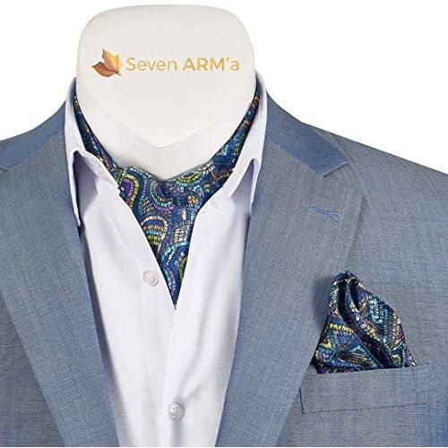 Seven Arma -Stripe Check Cravat Ascot Tie for Men Cravat Scarf - Square Scarf Ascot Cravats for Ascot Ties for Men - Ascots for Men Silk - In Square Box