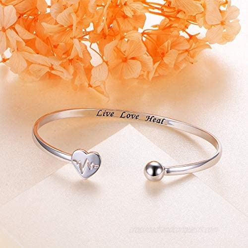925 Sterling Silver Adjustable Open Cuff Heart Bangle Bracelet for Women Girls Inspirational Gift