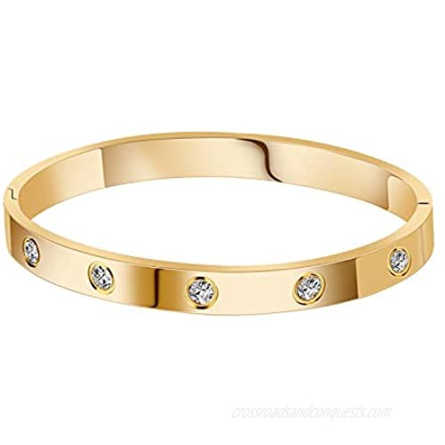 AoJun 18K Gold Plated CZ Stainless Steel with Crystal Bangle Cuff Love Bracelets for Women Girls Jewelry