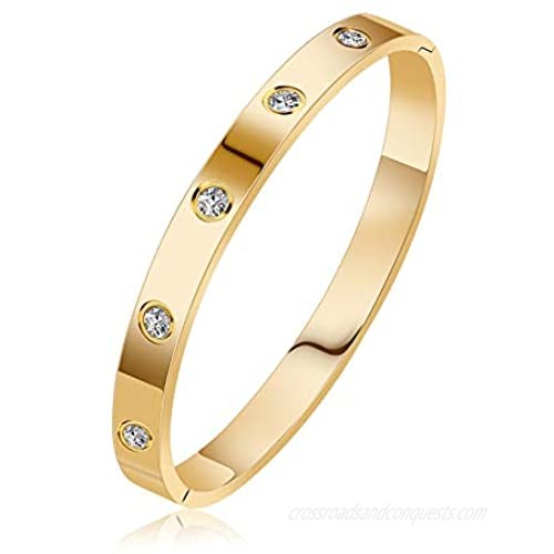 AoJun 18K Gold Plated CZ Stainless Steel with Crystal Bangle Cuff Love Bracelets for Women Girls Jewelry