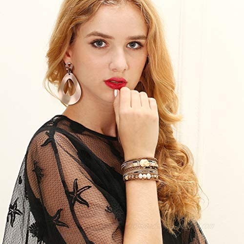 AZORA Leather Cuff Bracelet Multi Strands Beige Wrap Bangle with Pearl Boho Jewelry for Women Teen Girl Gift