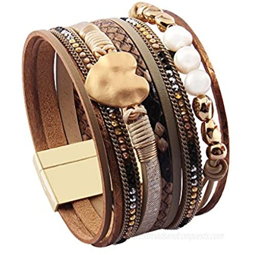 AZORA Leather Cuff Bracelet Multi Strands Beige Wrap Bangle with Pearl Boho Jewelry for Women Teen Girl Gift