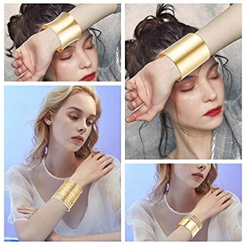 CASSIECA 4 Pcs Cuff Bangle Bracelet Set for Women Smooth Open Wide Wire Grooved Bracelets Adjustable Gold Sliver-Tone Plated Fashion Jewelry