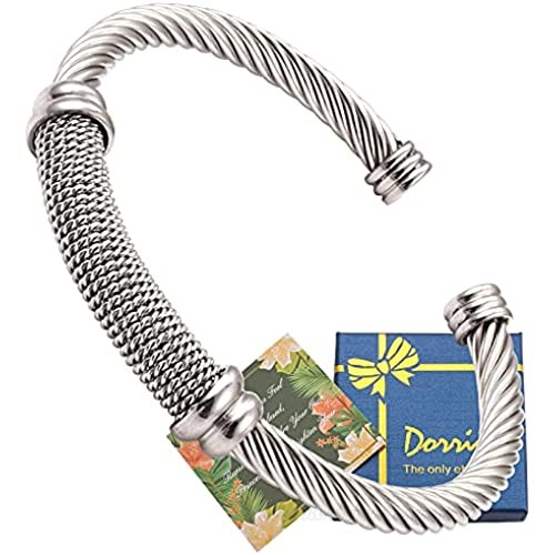Dorriss Vintage Cuff Bracelet for Women Stainless Steel Cable Wire Twisted Bangle Elastic Adjustable Stainless Steel Bracelets Jewelry with Gift Box