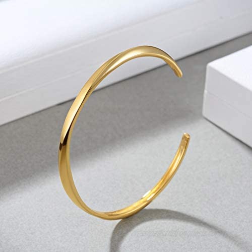 E Thin Open Cuff Bracelet 18K Gold Plated Couples Oval Love Bracelets Plain Polished & Inlaid AAA Cubic Zirconia Open Cuff Bangle Jewelry Gift for Women -Gold