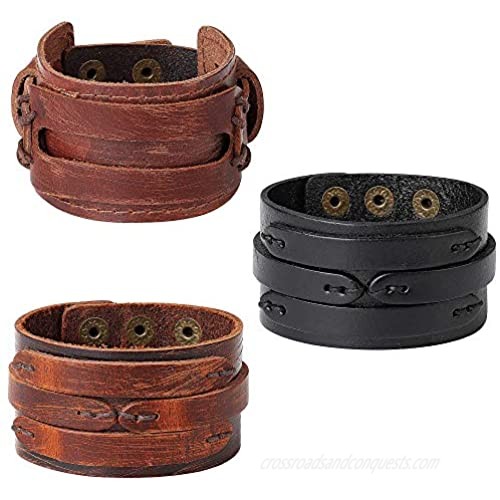 Finrezio 3 Pcs Leather Cuff Bracelets for Men Women Punk Rock Braided Bracelet Warp Brown Black Wristbands Handmade Jewelry