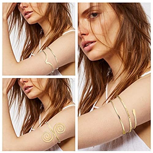Finrezio 3Pcs Upper Arm Bracelet Open Cuff Armlets Simple Coil Swirl Armband Jewelry Set Dia.3” Adjustable