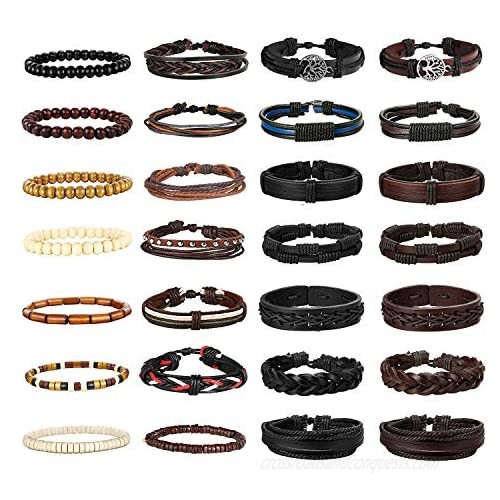 Florideco 28 Pcs Braided Leather Bracelet Set for Men Women Wooden Beaded Bracelet Cuff Wrap Bracelet Adjustable Wristbands Black Brown