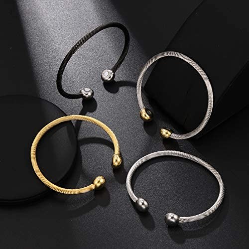 FOOM Elastic Adjustable Cable Bracelet for Men Women Twisted Stainless Steel Cuff Bangle with Magnetic Two Tone Gift Fashion Jewelry Plated Polished Gift