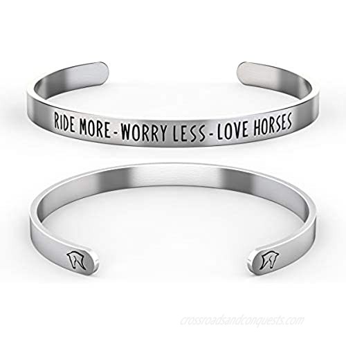 Happy Kisses Horse Bracelet – Horse Gift for Horseback Riders – “Ride More – Worry Less – Love Horses”  Cute Cuff for Women & Girls