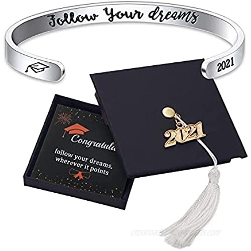 Jdesign 2021 Graduation Gift Cuff Bracelet Engraved Mantra Quote Inspirational 2021 Grad Cap Gift Box High School College Graduation Jewelry Gifts for Graduate