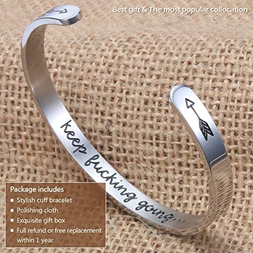 Keep Going Cuff Bracelet Inspirational Mantra Quote Bracelet for Women Stainless Steel Graduation Friendship Bracelets Jewelry Gifts for Her