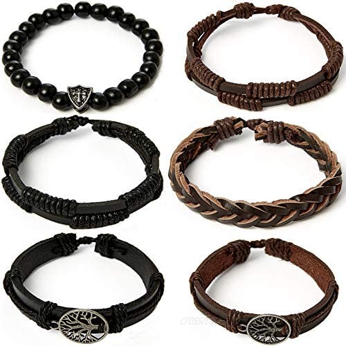 Leather Bracelet for Men Women Ethnic Tribal Hemp Cords Wood Beads Charm Boho Wristbands Mix 6-12 Pcs
