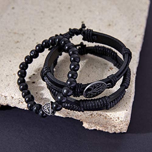 Leather Bracelet for Men Women Ethnic Tribal Hemp Cords Wood Beads Charm Boho Wristbands Mix 6-12 Pcs