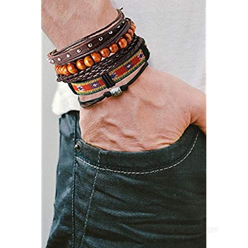 LOLIAS 18Pcs Leather Chakra Bead Tribal Bracelet for Men Women Charm Ethnic Wood Beaded Hemp Bracelets Boho Wristbands