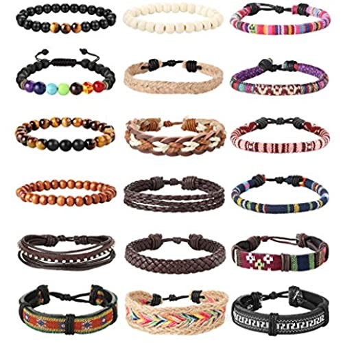 LOLIAS 18Pcs Leather Chakra Bead Tribal Bracelet for Men Women Charm Ethnic Wood Beaded Hemp Bracelets Boho Wristbands