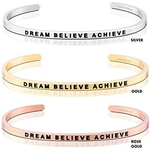 MantraBand Bracelet - Dream Believe Achieve - Inspirational Engraved Adjustable Mantra Band Cuff Bracelet - Yellow Gold - Gifts for Women (Yellow)