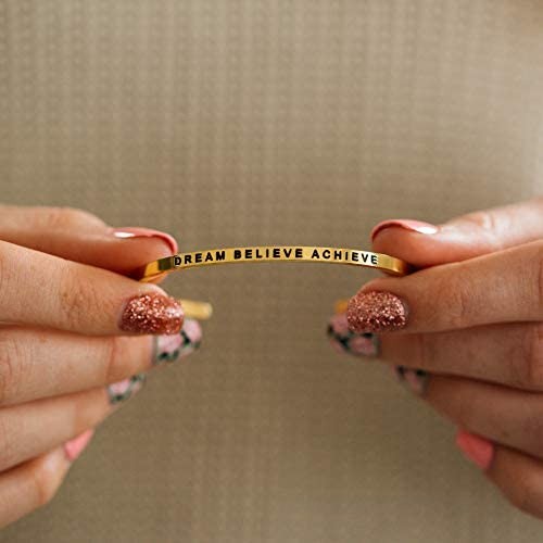 MantraBand Bracelet - Dream Believe Achieve - Inspirational Engraved Adjustable Mantra Band Cuff Bracelet - Rose Gold - Gifts for Women (Pink)