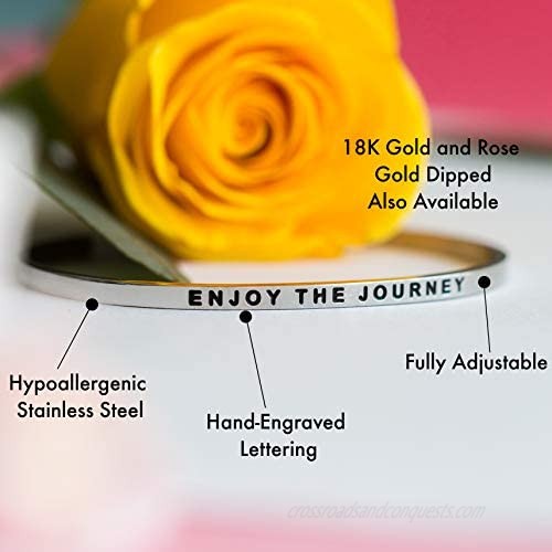 MantraBand Bracelet - Enjoy The Journey - Inspirational Engraved Adjustable Mantra Band Cuff Bracelet - Rose Gold - Gifts for Women (Pink)