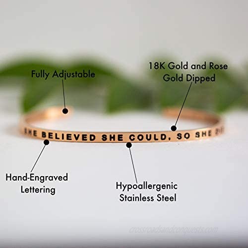 MantraBand Bracelet - She Believed She Could So She Did - Inspirational Engraved Adjustable Mantra Band Cuff Bracelet -Yellow Gold - Gifts for Women (Yellow)