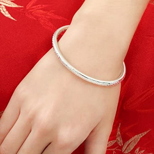 Merdia Women's 999 Solid Sterling Silver Flower Carved Bangle Cuff Bracelets 21g Weight for Wedding Gift