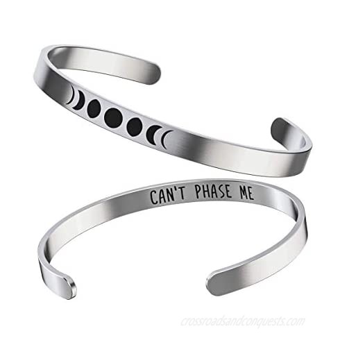 Moon Phases Bracelet - Moon Gifts For Women - Cute Stainless Steel Bangle – Silver Cuff With “Can’t Phase Me” Inspirational Quote