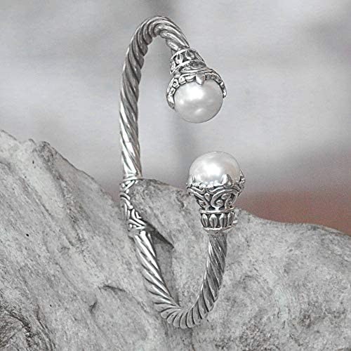 NOVICA Silver White Cultured Freshwater Pearl .925 Silver Cuff Bracelet 'Sterling Rope'
