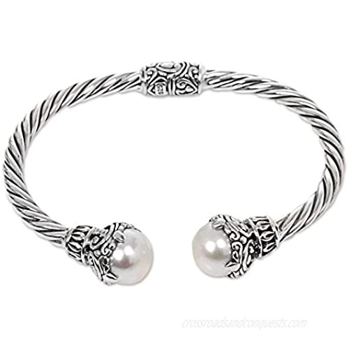 NOVICA Silver White Cultured Freshwater Pearl .925 Silver Cuff Bracelet 'Sterling Rope'